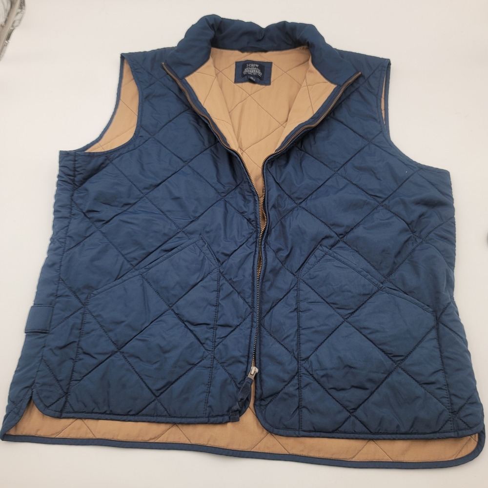 J.Crew Mens Quilted Vest Navy Blue Tan Lining Full Zip XL AR275